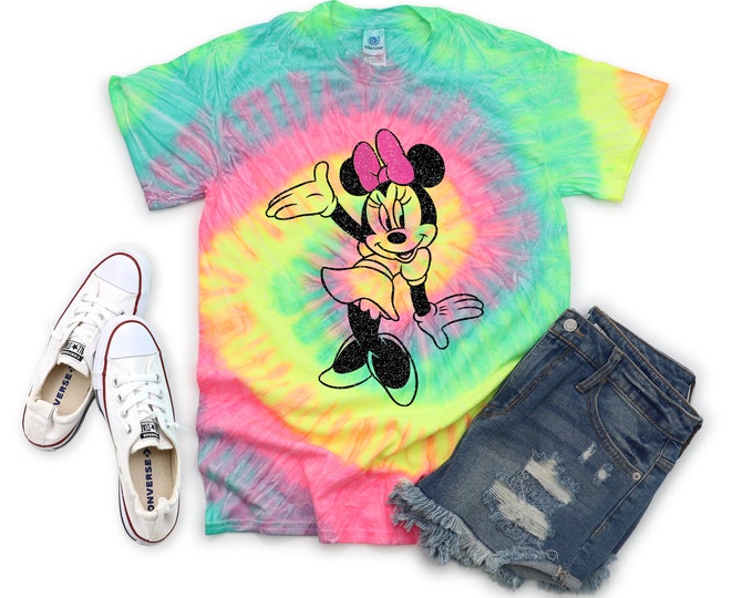 Minnie Mouse Tie Dye Shirt Vacation Trip Shirt Minty Galaxy Bright Black Glitter Vinyl Toddler Youth Adult Pastel Neon Tie Dye Rainbow Shirt