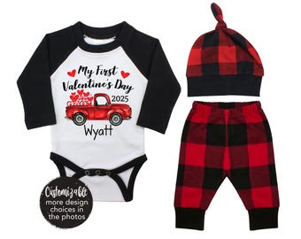 My First Valentine&#39;s Day 2025 Truck Personalized Raglan Outfit Boy Valentines Day Bodysuit Hearts Vintage Truck Buffalo Plaid Flannel Pants