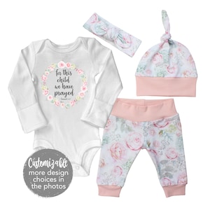 For This Child We Have Prayed Coming Home Outfit Watercolor Floral Rose Pink Hydrangea Yoga Leggings Knot Hat Headband Infertility