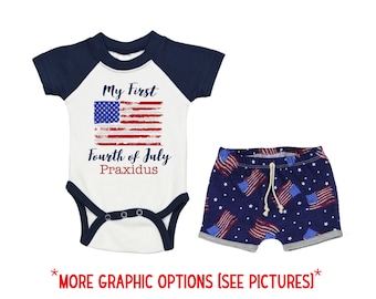 Boy My First Fourth of July Raglan Outfit Personalized Outfit Baby Summer Bodysuit 4th of July Blue Flag Outfit Unisex Flag Shorts
