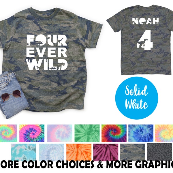 Four Ever Wild Birthday Boy Dino Camo Shirt Fête d'anniversaire en vinyle blanc uni pour garçon tout-petit Dinosaure Camouflage Chemise camouflage pour 4e anniversaire