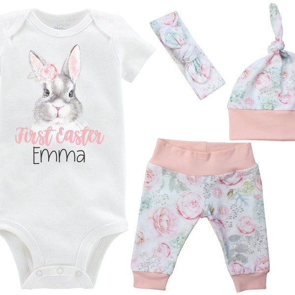 Girl First Easter Outfit Personalized Baby Bunny Floral Bunny Easter Pink Gray Watercolor Floral Yoga Pants Knot Headband Knot Hat Girly