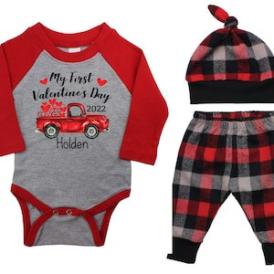 My First Valentine's Day 2024 Truck Personalized Raglan Outfit Boy Valentines Day Bodysuit Hearts Vintage TruckBuffalo Plaid Flannel Pants