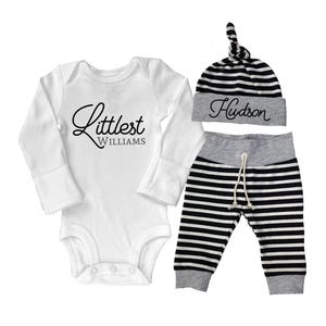 Conjunto de bebé niño que se va a casa, rayas negras, apellido del más pequeño personalizado, mono con pantalones y gorro con nudo, hecho a mano, minimalista