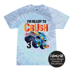 Monster Truck Geburtstag Shirt Ich bin bereit zu Crush Tie Dye Benutzerdefinierte Alter Drei Vier Fünf Personalisierte Geburtstag Junge Mädchen Roaring Dinosaurier Schule