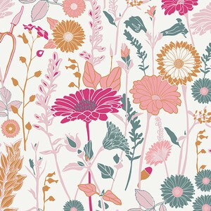 May include: A seamless pattern featuring pink, white, and teal flowers with green leaves on a white background.