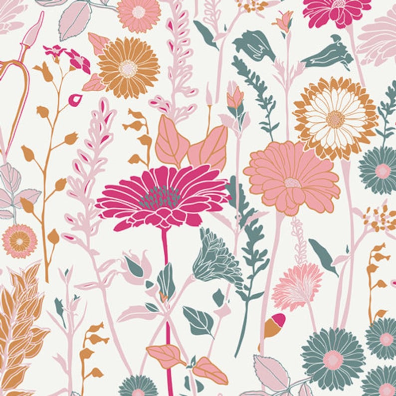 May include: A seamless pattern featuring pink, white, and teal flowers with green leaves on a white background.
