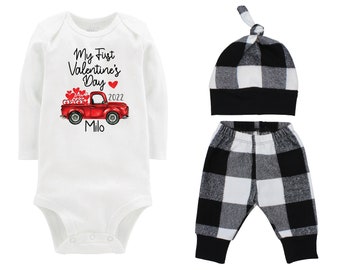 Boy First Valentine's Day Outfit Personalized Old Red Truck White Buffalo Plaid Pants Hat Boyish Valentine Bodysuit Hearts Valentine Truck