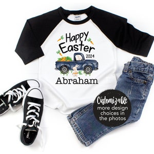 Boy Easter Shirt Happy Easter Truck Shirt Bunny Raglan Personalized Baby Easter Bodysuit Easter Bunny Truck and Carrots Bunny Name Shirt