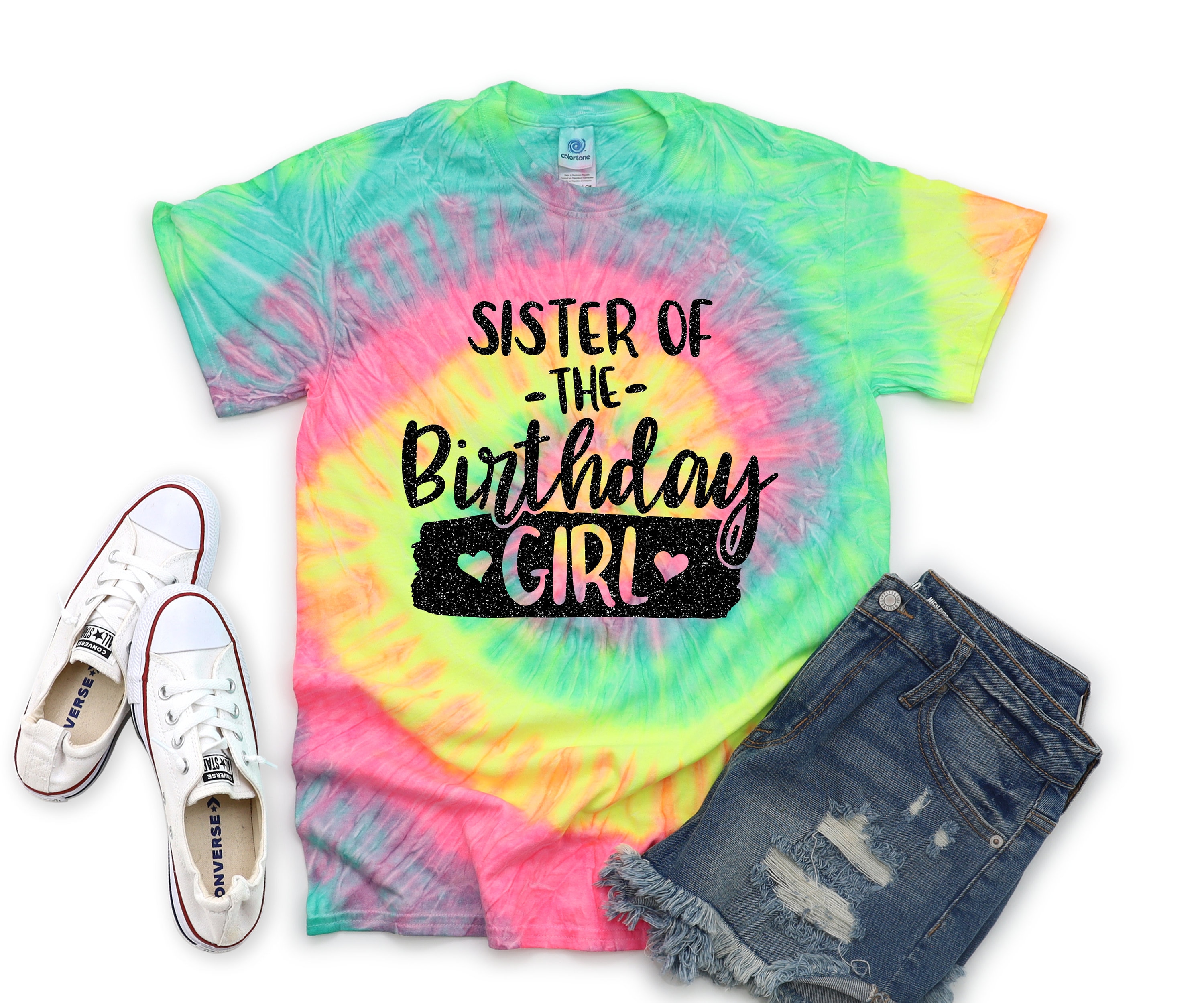 Sister of the Birthday Girl Neon Pastel Minty Rainbow Tie Dye Shirt Galaxy Bright Black Glitter Vinyl Sister of Birthday Shirt Girl Tie Dye