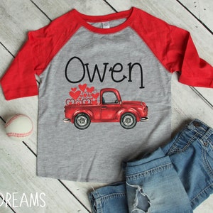 Boy Valentine's Day Truck Shirt Personalized Vintage Red Truck with Hearts Red Gray Raglan Old Red Truck Shirt Boy Toddler Baby Youth Shirt