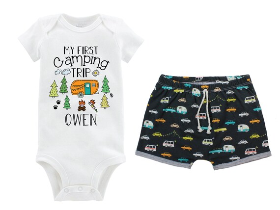 Boy My First Camping Trip Personalized Camping Outfit Baby Toddler Camper Shorts Orange Teal Gray Outdoors Campfire Trees Campers Cars
