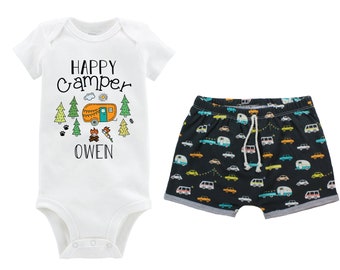 Boy Happy Camper Personalized Camping Outfit Baby Toddler Camper Shorts Orange Camper Boy First Camping Trip Outdoors Campfire Trees