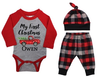 My First Christmas Forest Red Truck 2022 Personalized Outfit Winter Boy Raglan Outfit Christmas Tree Plaid Pants Knot Hat Gray Baby Raglan