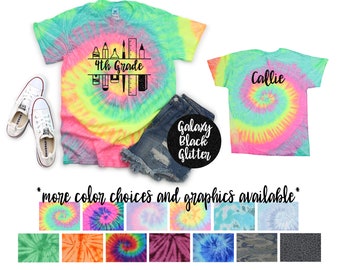 3rd Grade Girl Personalized Pastel Neon Minty Tie Dye Shirt Galaxy Bright Black Glitter Vinyl White Rainbow Girl Back To School Shirt
