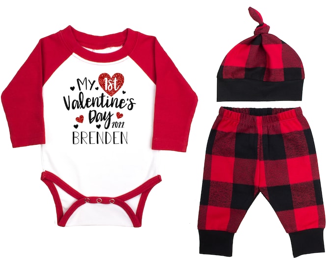My First Valentine's Day 2022 Red Glitter Vinyl Personalized Raglan Outfit Boy Valentines Day Bodysuit Hearts Buffalo Plaid Flannel Pants