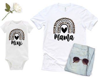 Mamãe e Mini Macacão Preto com Estampa de Leopardo Arco-Íris Coração Camisa Bodysuits Mamãe e Eu Queda Combinando Mãe Filha Preto Cheetah