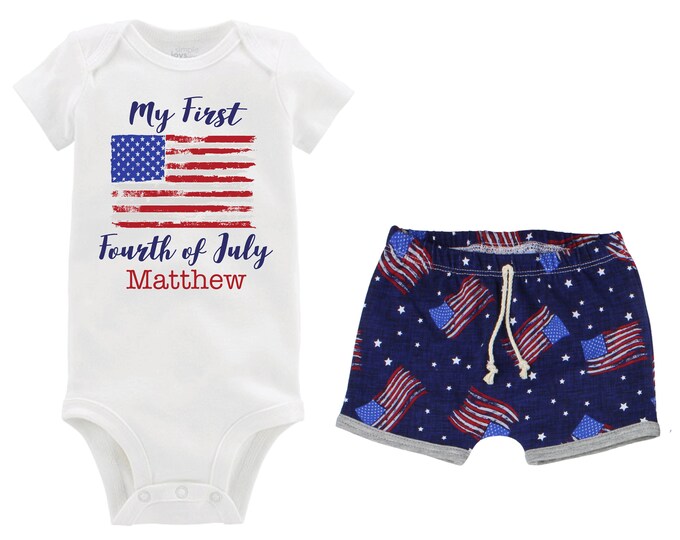Boy My First Fourth of July Outfit Personalized Outfit Baby Onesie Summer 4th of July Shirt Bodysuit Onesie Boy Red Blue Flag Unisex Shorts