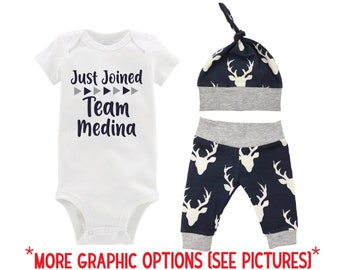 Boy Just Joined Team Last Name Personalized Coming Home Outfit Gray Navy Deer Bodysuit Infant Gift Going Home Set Baby Shower Gift