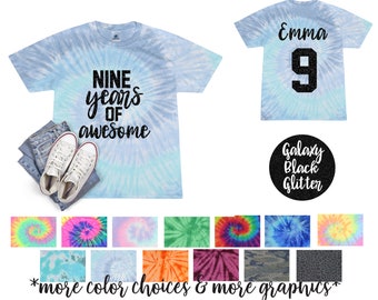 Nine Years of Awesome Girl Birthday Tie Dye Shirt Black Glitter Vinyl Birthday Girl Shirt Girl Birthday Shirt Tween Birthday Shirt