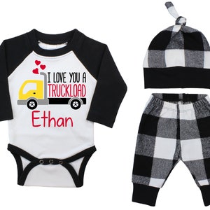 Baby Boy Valentine&#39;s Day Truck Personalized Raglan Outfit Boy Valentines Day I Love You a Truckload Bodysuit Boy Buffalo Plaid Flannel Pants