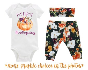 Eerste Thanksgiving-outfit voor meisjes pompoengroen aquarel bloemen yogalegging hoofdband herfstoutfit baby bloemen pompoenoranje