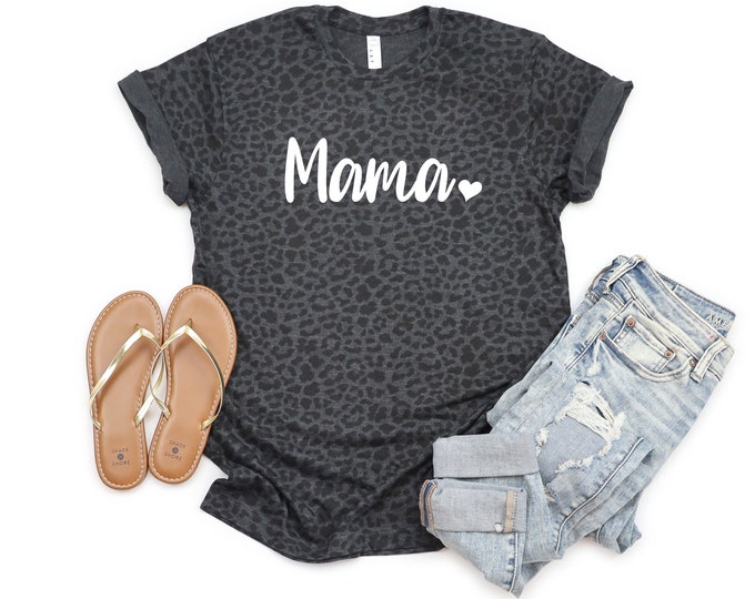 Mama Heart Women's Gray Leopard T-Shirt Solid Vinyl Mama Inspirational Mama Heart Motivational Shirt Leopard Mama Tee