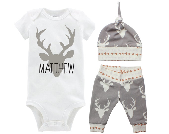 Personalized Boy Going Home Set Deer Gray Bodysuit Infant Gift Set Monogram Boy Coming Home Outfit Buck Deer Grey Gift