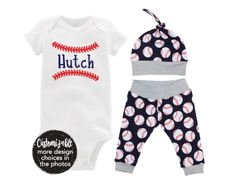 Boy Stitches Baseball Going Coming Home Outfit Take Me Home Personalized Outfit Yoga Pants Navy Blue Baseball Boy Knot Hat Baby Gift