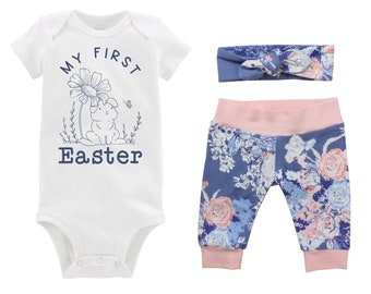 Girl My First Easter Outfit Blue Floral Baby Bunny Easter Pink Purple Watercolor Blue Floral Bunny Yoga Pants Headband Cute Girly