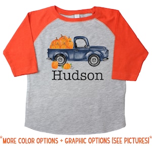 Old Pumpkin Truck Shirt Gray Orange Raglan Personalized Boy Pumpkin Patch Shirt Boyish Fall Shirt Old Blue Truck Vintage Truck Shirt