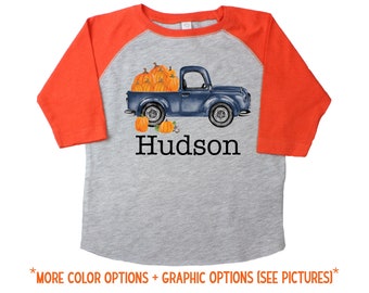 Old Pumpkin Truck Shirt Gray Orange Raglan Personalized Boy Pumpkin Patch Shirt Boyish Fall Shirt Old Blue Truck Vintage Truck Shirt