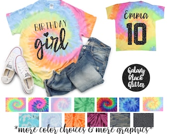 Camisa con efecto tie dye de neón pastel para niña de cumpleaños Camisa de vinilo con purpurina negra brillante para niña de cumpleaños Camisa de fiesta de cumpleaños Camisa de cumpleaños para niña