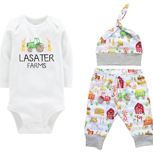 Personalized Farm Outfit Boy Farming Bodysuit Pants Hat Blanket Tractor Barn Baby Coming Home Outfit Future Farmer New to the Farm Outfit