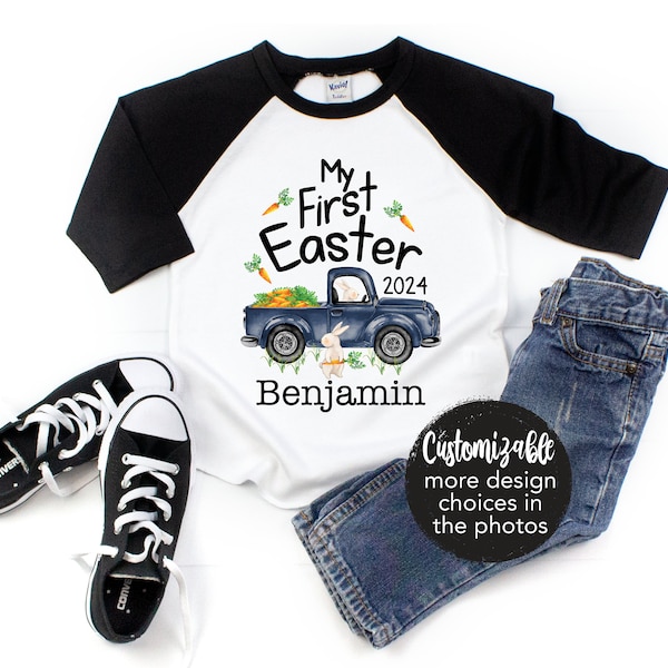 Boy First Easter Shirt My First Easter Bunny Truck Shirt Bodysuit Raglan Personalized Baby Easter Bodysuit Easter Carrots Bunny Name Shirt