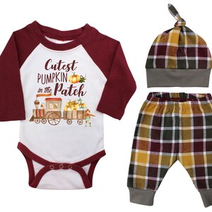 Boy Pumpkin Train Cutest Pumpkin In The Patch Outfit Plaid Pants Knot Hat Pumpkin Old Train Maroon Baby Raglan HANDMADE in the USA