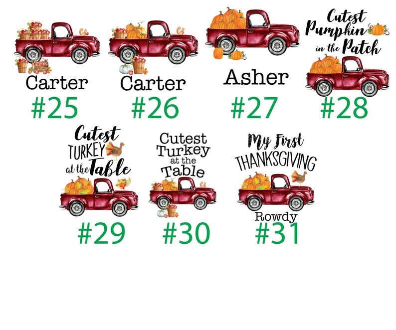 May include: A set of ten Thanksgiving-themed designs featuring a red pickup truck with various fall-themed items in the bed. The designs include pumpkins, turkeys, and the text "Cutest Pumpkin in the Patch", "Cutest Turkey at the Table", and "My First Thanksgiving".