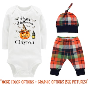 Happy Halloween Jack-O-Lantern Personalized Outfit Plaid Pants Knot Hat Orange Blue Pants Boyish Halloween Bodysuit Handmade in the USA