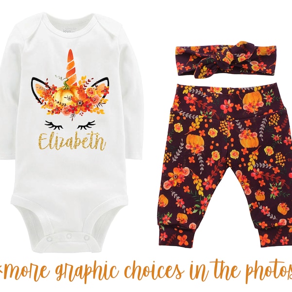 Unicorn Face Pumpkin Outfit Glitter Personalized Wine Watercolor Floral Yoga Leggings Headband Infant Fall Outfit Gold Monogram Name