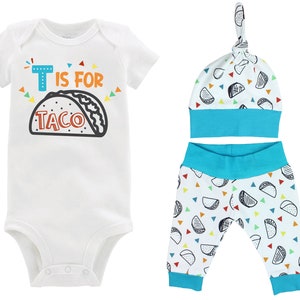 Boy Taco Outfit T is for Tacos Baby Bodysuit Taco Fiesta Nachos Top Knot Hat Shirt Boy Taco Tuesday Party Unisex Pants Knot Hat