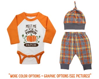 Meet Me At The  Pumpkin Patch Truck In The Patch Fall Baby Outfit Fall Plaid Pants Knot Hat Pumpkins Vintage Orange Gray Orange Baby Raglan