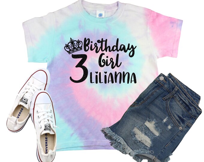 Birthday Girl Princess Unicorn Tie Dye Shirt Galaxy Bright Black Glitter Vinyl Birthday Girl Shirt Party Shirt Girl Tie Dye Bday Shirt