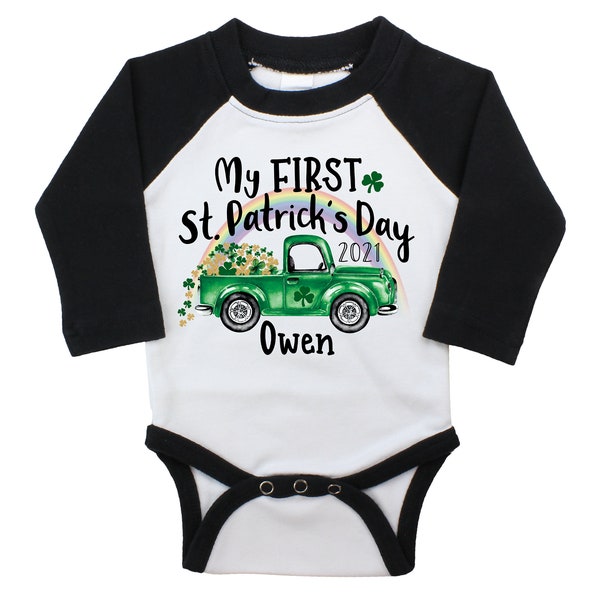 My First St. Patrick's Raglan Bodysuit Green Shamrock Truck Shirt St. Patty's Day Boy Baby Personalized Monogrammed Long or Short Sleeve