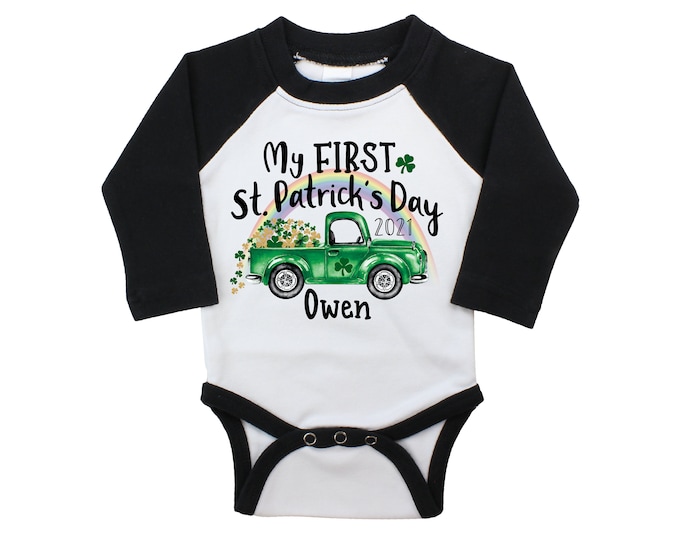 My First St. Patrick's Raglan Bodysuit Green Shamrock Truck Shirt St. Patty's Day Boy Baby Personalized Monogrammed Long or Short Sleeve