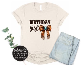Verjaardag meisje strikje shirt, elke leeftijd VEEL ONTWERPEN, rodeo cowgirl koeienhuid western turkoois, zeven, vier, drie, Sweet Sixteen, Eleven