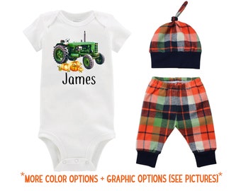Fall Boy Green Tractor Bodysuit Fall Baby Outfit Boy Pumpkin Outfit Fall Plaid Pants Leggings Baby Gift Top Knot Hat Boy