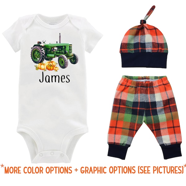 Fall Boy Green Tractor Bodysuit Fall Baby Outfit Boy Pumpkin Outfit Fall Plaid Pants Leggings Baby Gift Top Knot Hat Boy