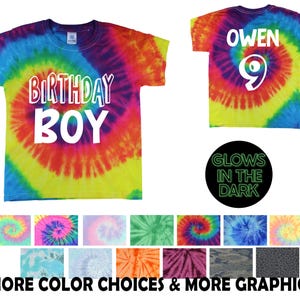 Birthday Boy Tie Dye Shirt Glow in the Dark Reactive Rainbow Tie Dye Personalized Birthday Party Shirt Age Year Name Rainbow Spiral Bday