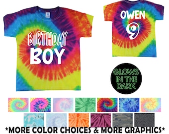 Birthday Boy Tie Dye Shirt Glow in the Dark Reactive Rainbow Tie Dye Personalized Birthday Party Shirt Age Year Name Rainbow Spiral Bday