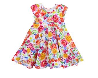 Summer Watercolor Floral Twirly Dress Watercolor Floral Spring Easter Dress Toddler Dress Pink Purple Yellow Twirl Dress Short Sleeve Knit